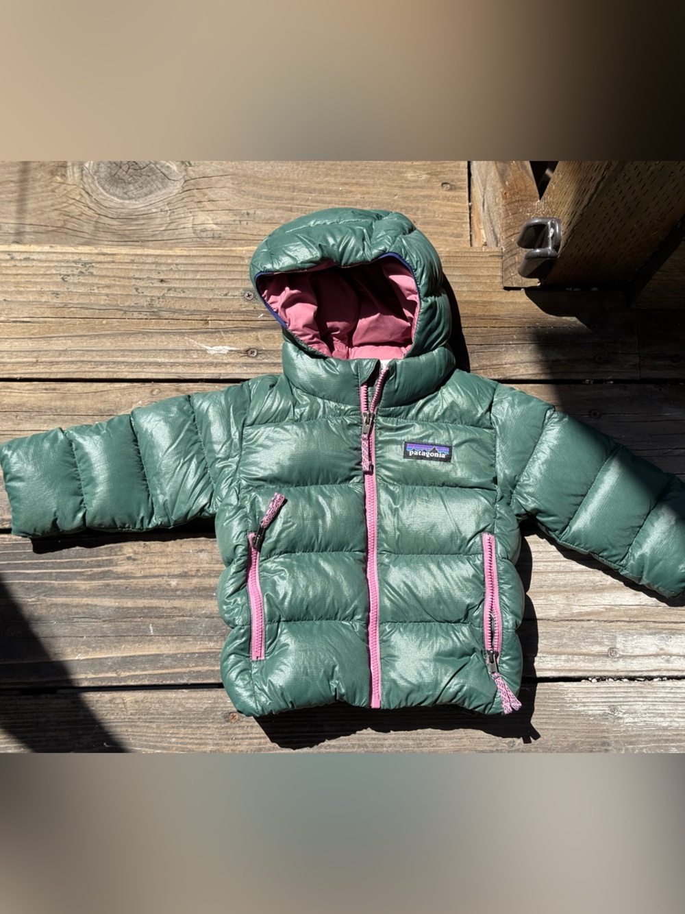Patagonia Pink and Green Down Hoodie Jacket